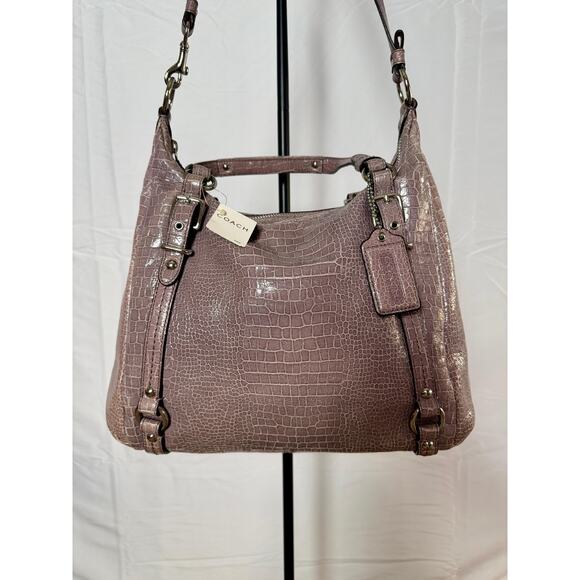 Coach Croc Embossed Leather Shoulder Bag Pink Lilac Size Large - Picture 3 of 9